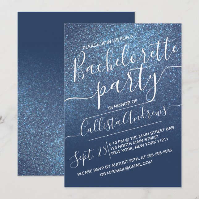 Chic Navy Blue Sparkly Glitter Ombre Bachelorette Inbjudningar (Fram/baksida)