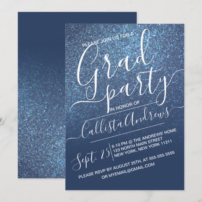 Chic Navy Blue Sparkly Glitter Ombre Studenten Inbjudningar (Fram/baksida)