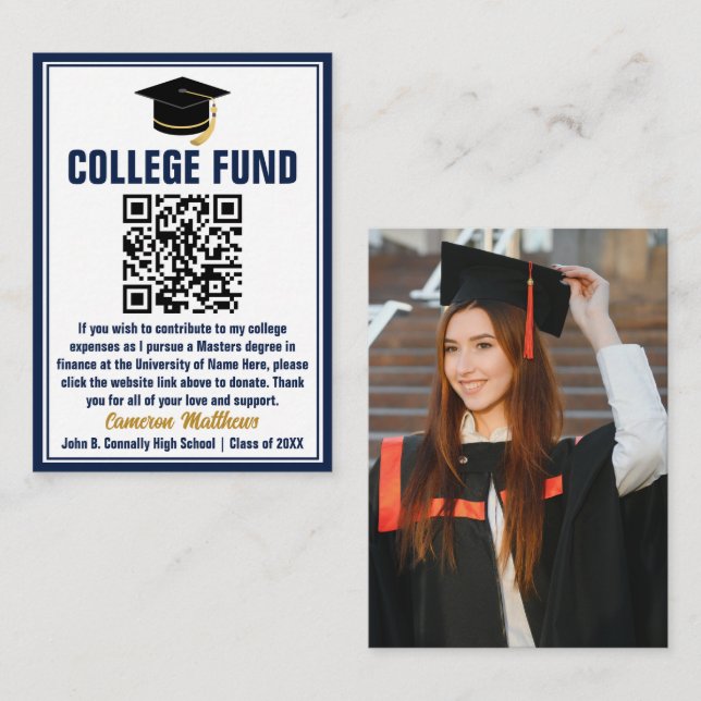 Chic Navy Blue Student Photo College Fund QR-kod Tilläggskort (Fram/baksida)