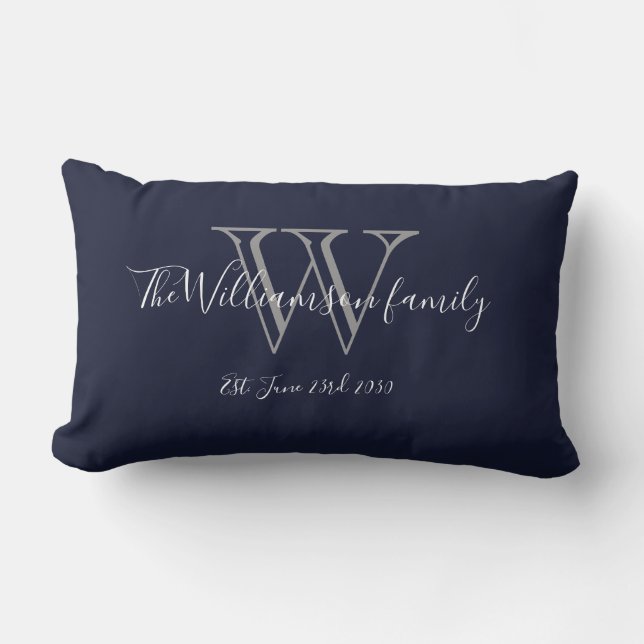 Chic Navy Blue White Monogram Family Keepsak Lumbarkudde (Framsida)