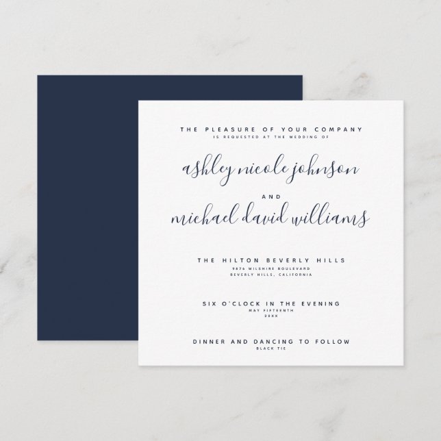 CHIC NAVY BLUE & WHITE SCRIPT Typografi Bröllop Inbjudningar (Fram/baksida)