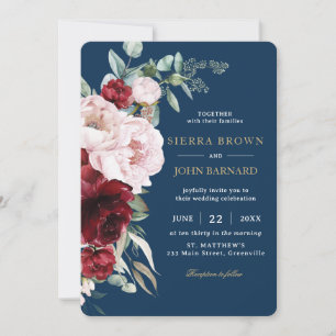 Chic Navy Burgundy Peonies Blommigt Bröllop Inbjudningar
