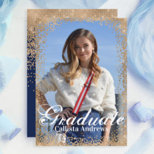 Chic Navy Guld Glitter Confetti Photo Studenten Inbjudningar