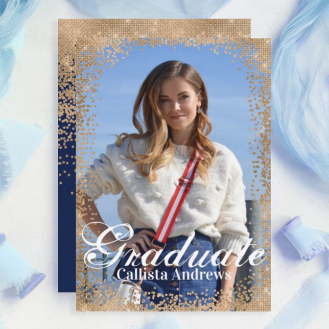 Chic Navy Guld Glitter Confetti Photo Studenten Inbjudningar (Skapare uppladdad)