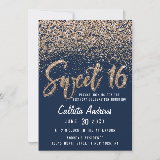 Chic Navy Guld Scattered Glitter Ombre Sweet 16 Inbjudningar (Framsida)