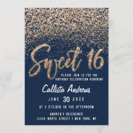 Chic Navy Guld Scattered Glitter Ombre Sweet 16 Inbjudningar