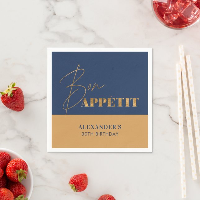 Chic Navy och Guld Bon Appétit Script Birthday Pappersservett (Insitu)