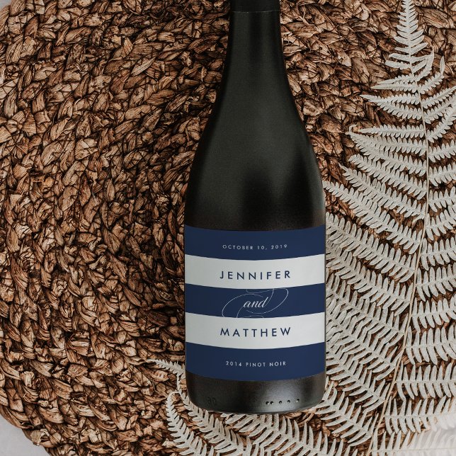 Chic Navy och White Rand Bröllop Vin Vinflaska Etikett (Skapare uppladdad)