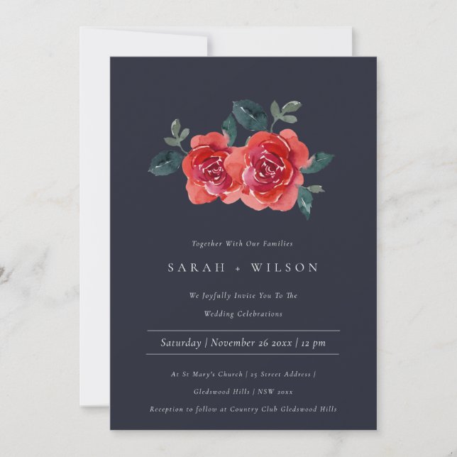 CHIC NAVY RED GRÖNT RO BLOMMIGT WEDDING INVITE TACK KORT (Framsida)
