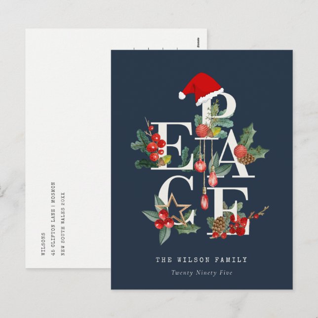 Chic Navy Red Grönt White Peace-julfesten Helg Vykort (Fram/baksida)