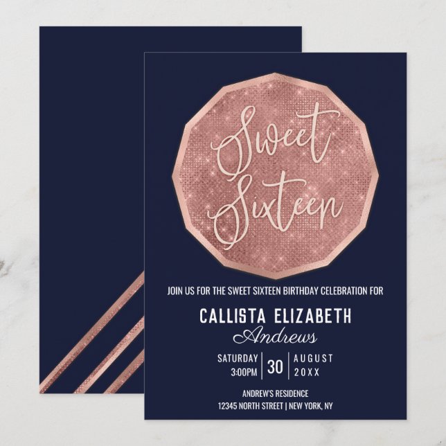 Chic Navy Ro Guld Glitter Polygon Geo Sweet 16 Inbjudningar (Fram/baksida)