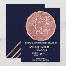Chic Navy Ro Guld Glitter Polygon Geo Sweet 16 Inbjudningar