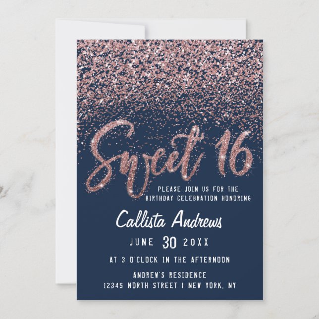 Chic Navy Ro Guld Scattered Glitter Sweet 16 Inbjudningar (Framsida)