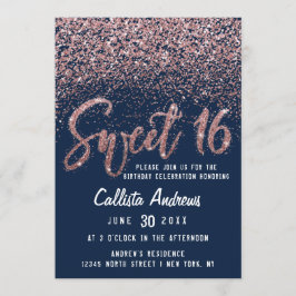 Chic Navy Ro Guld Scattered Glitter Sweet 16 Inbjudningar