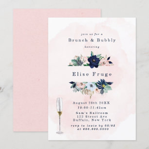Chic Navy Rosa Blommigts Brunch & Bubly Inbjudningar