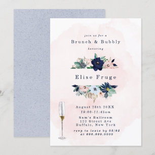 Chic Navy Rosa Blommigts Brunch & Bubly Invit Inbjudningar