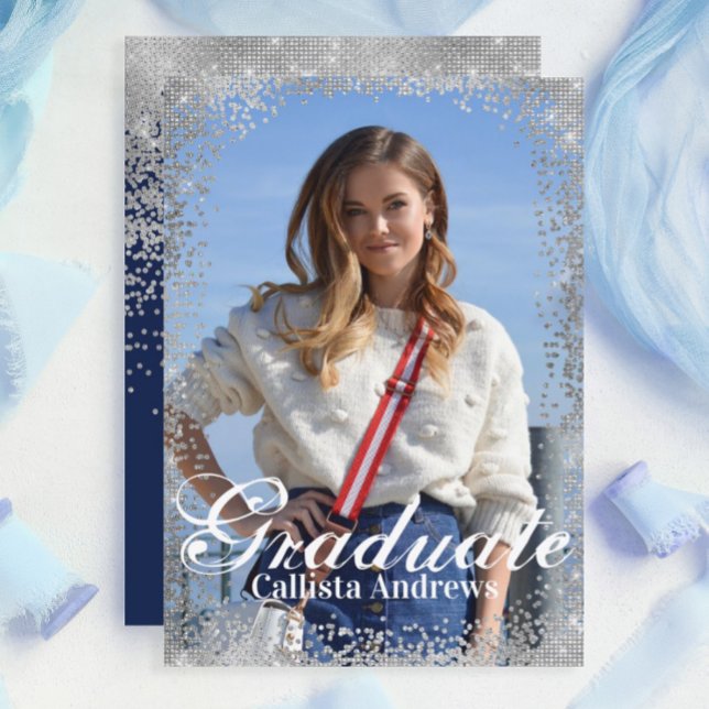 Chic Navy Silver Glitter Confetti Photo Studenten Inbjudningar (Skapare uppladdad)