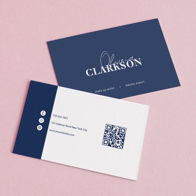 Chic Navy Vit Minimalistisk Qr-Kod Visitkort (Skapare uppladdad)