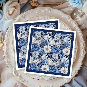 Chic Navy Vitt Elfenbensvitt Blommiga Mjuka Festse Pappersservett