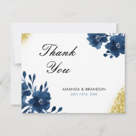 Chic Navy Watercolor Blommor Guld Glitter Bröllop Tack Kort