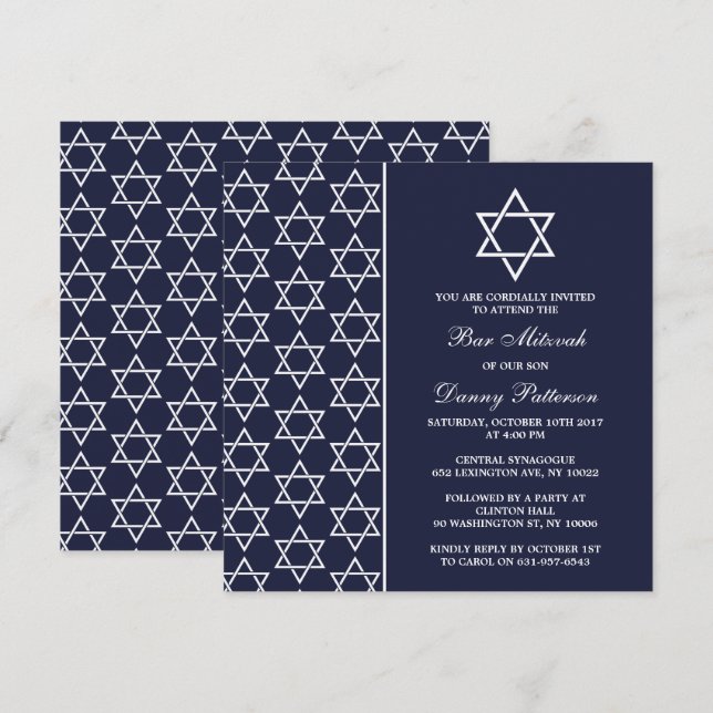 Chic Navy & White Jewish Star of David Pub Mitzvah Inbjudningar (Fram/baksida)