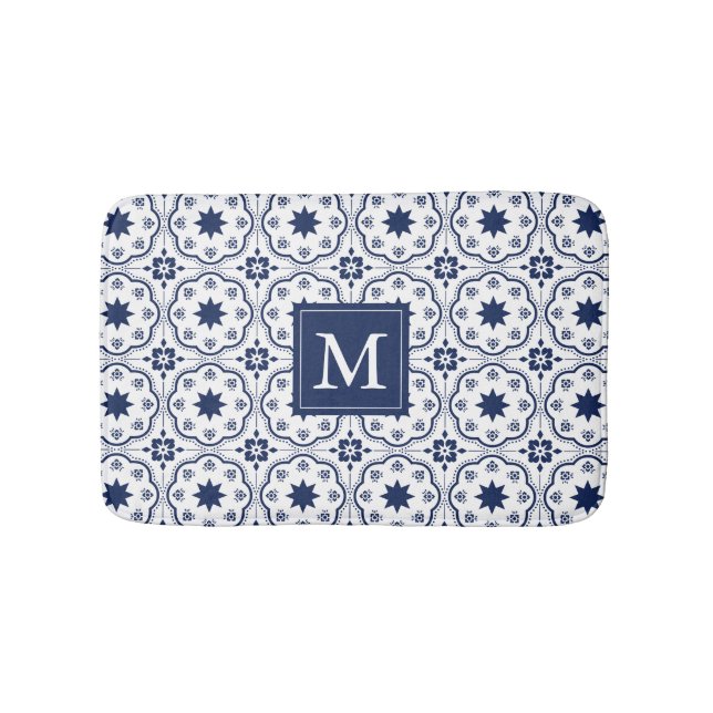 Chic Navy & White Moroccan Blommönster Monogram Badrumsmatta (Framsidan)