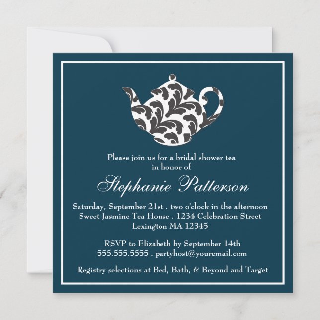 Chic Navy & White w Damask Möhippa Tea Party Inbjudningar (Framsida)