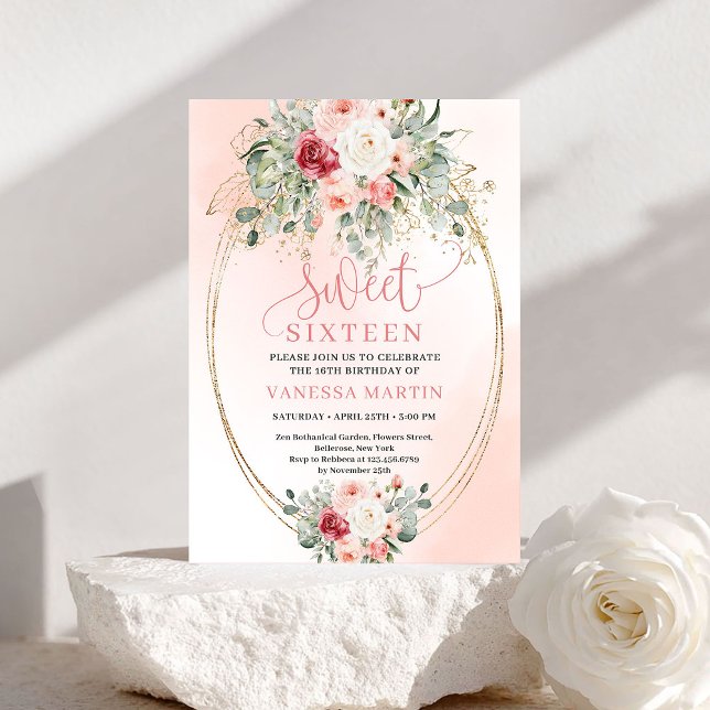 Chic nedladdningsbar Blush Guld Blommig Sweet Sixt Inbjudningar (Downloadable Blush Gold Floral Sweet Sixteen Invite)