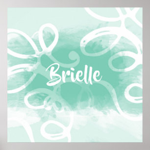 Chic Neo Mint Grönt Watercolor Swirls with Namn Poster