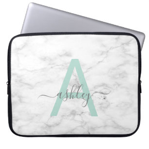 Chic Neo Mint White Marble Script Namn Monogram Laptop Fodral