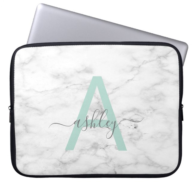 Chic Neo Mint White Marble Script Namn Monogram Laptop Fodral (Framsidan)