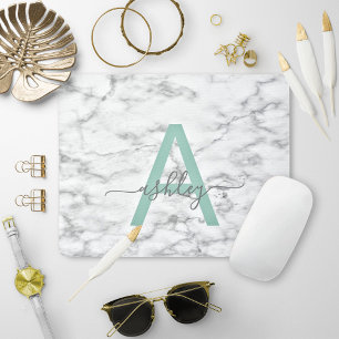 Chic Neo Mint White Marble Script Namn Monogram Musmatta