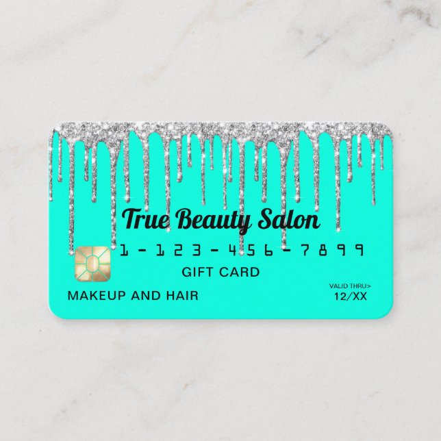 Chic Neon Aqua Silver Glitter Drips Gift Kredit Visitkort (Framsida)