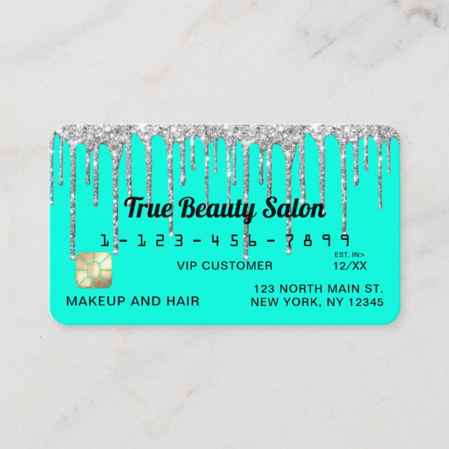 Chic Neon Aqua Silver Glitter Drives Kredit Visitkort (Framsida)