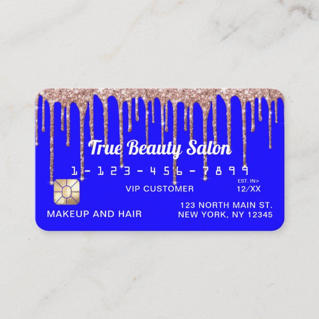Chic Neon Blue Ro Guld Glitter Drives Kredit Visitkort (Framsida)