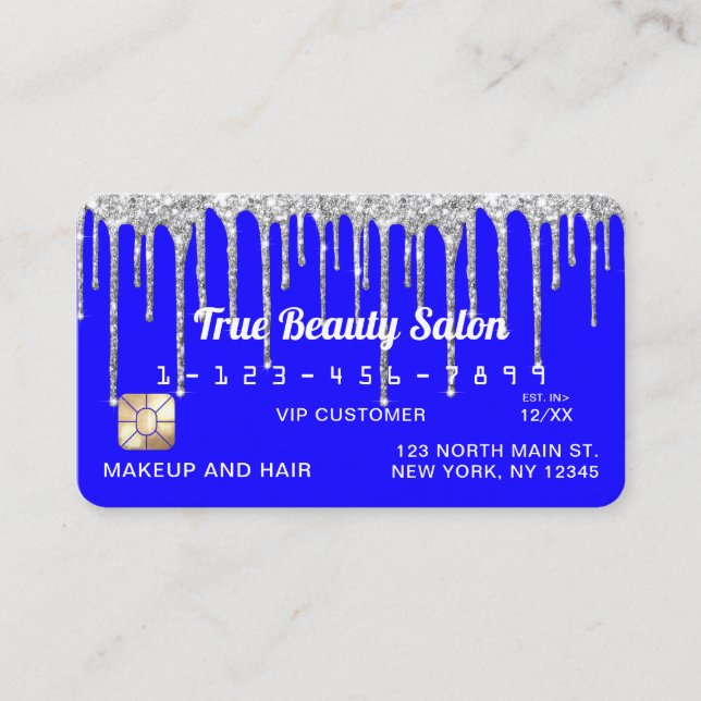 Chic Neon Blue Silver Glitter Drives Kredit Visitkort (Framsida)
