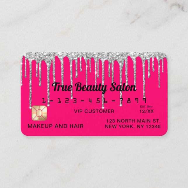 Chic Neon Rosa Silver Glitter Drives Kredit Visitkort (Framsida)