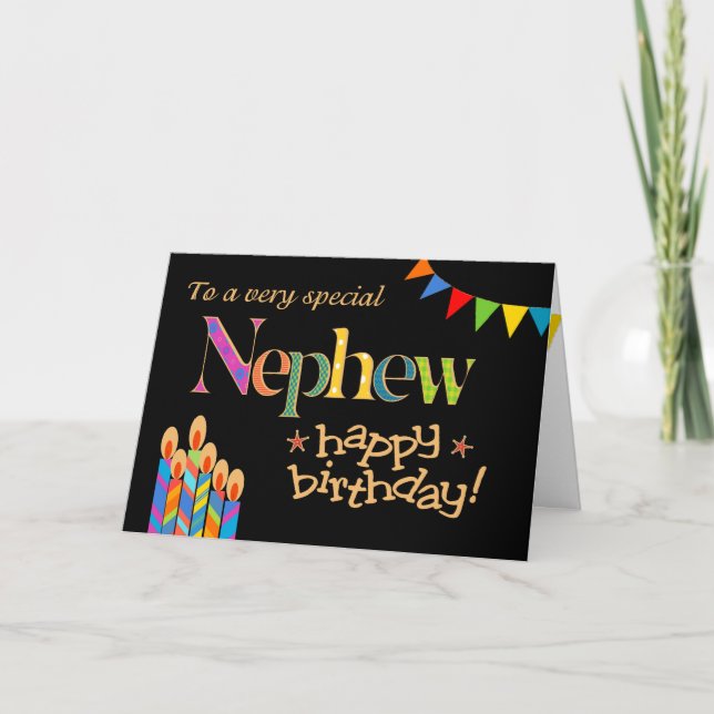Chic Nephew Candles and Bunting on Black Birthday Kort (Framsida)