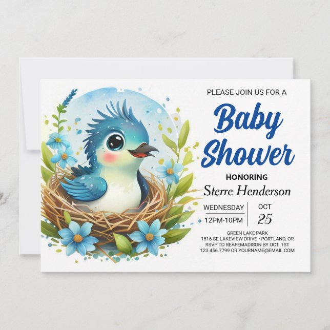 Chic Nest Blue Bird Boy Baby Shower Inbjudningar (Framsida)