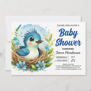 Chic Nest Blue Bird Boy Baby Shower Inbjudningar