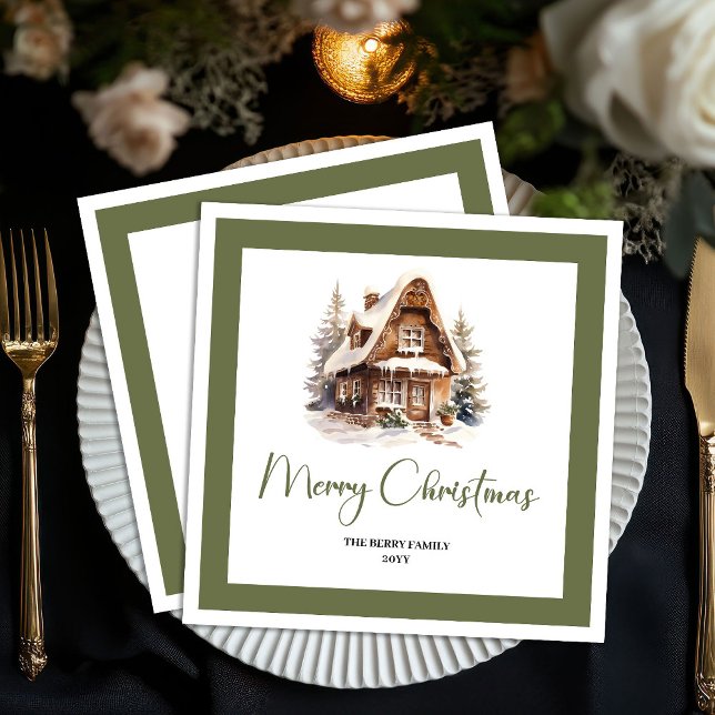 Chic Neutral Christmas House Family Name Napkins Pappersservett (Chic Neutral Christmas House Family Name Napkins)