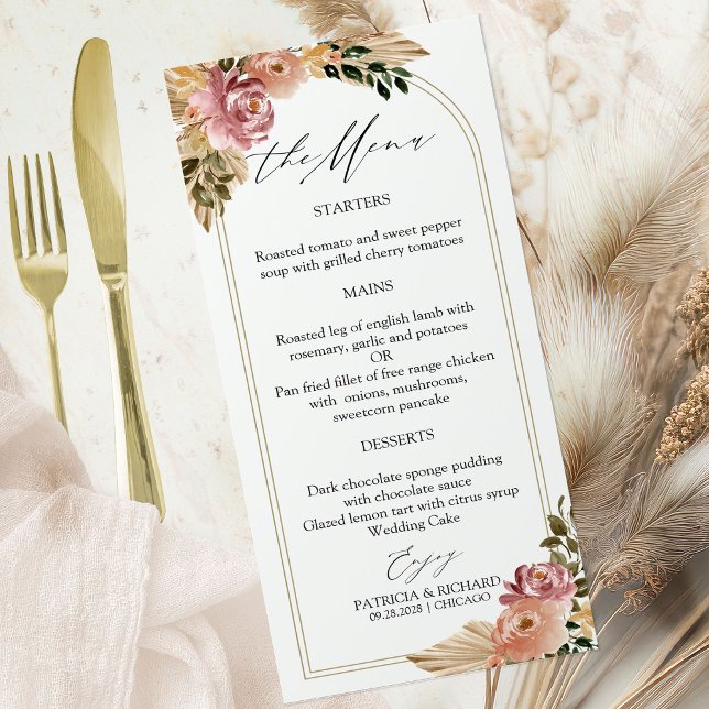 Chic Neutralt Färg Boho Blommigt Bröllop Menu Card Meny (Skapare uppladdad)
