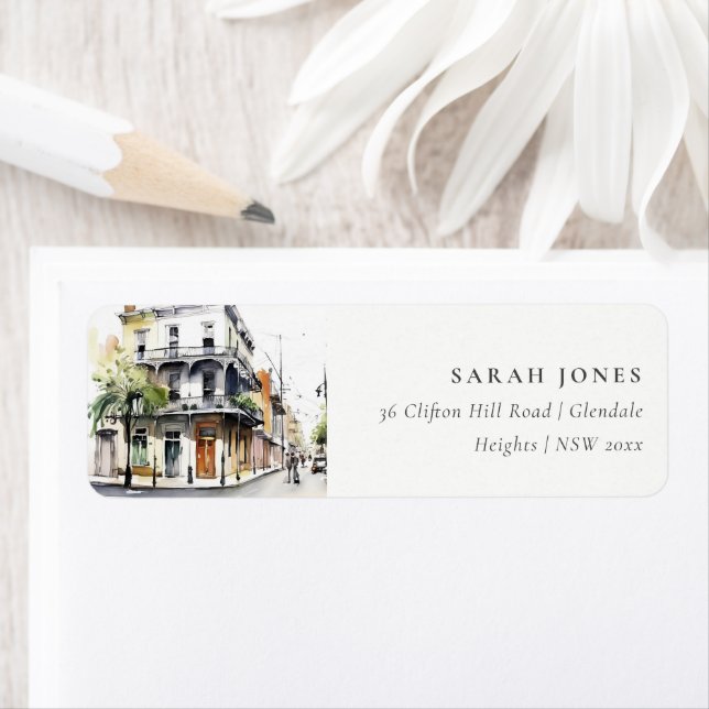 Chic New Orleans Louisiana Watercolor Adress Returadress Etikett (Insitu)