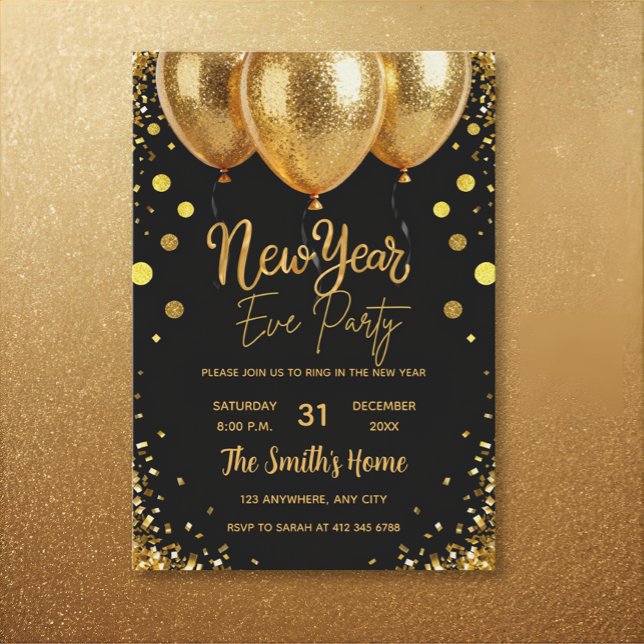 Chic New Year' Eve Party Gold Glitter Black  Inbjudningar (Skapare uppladdad)