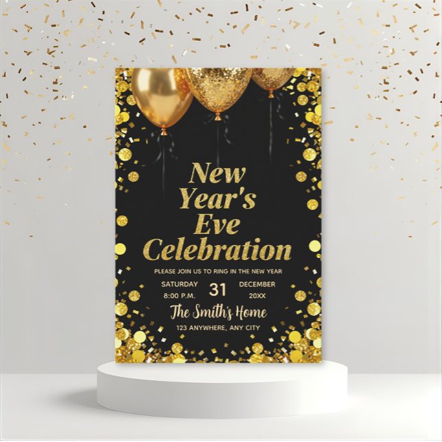 Chic New Year' Eve Party Gold Glitter Black  Inbjudningar (Skapare uppladdad)