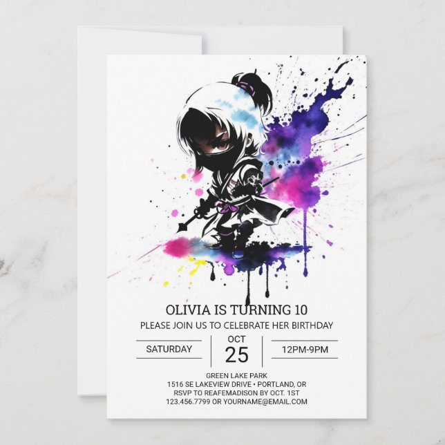 Chic Ninja Anpassningsbar Girl Birthday Inbjudningar (Framsida)