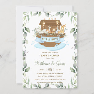 Chic Noahs Ark Animals Greenery Boy Baby Shower Inbjudningar