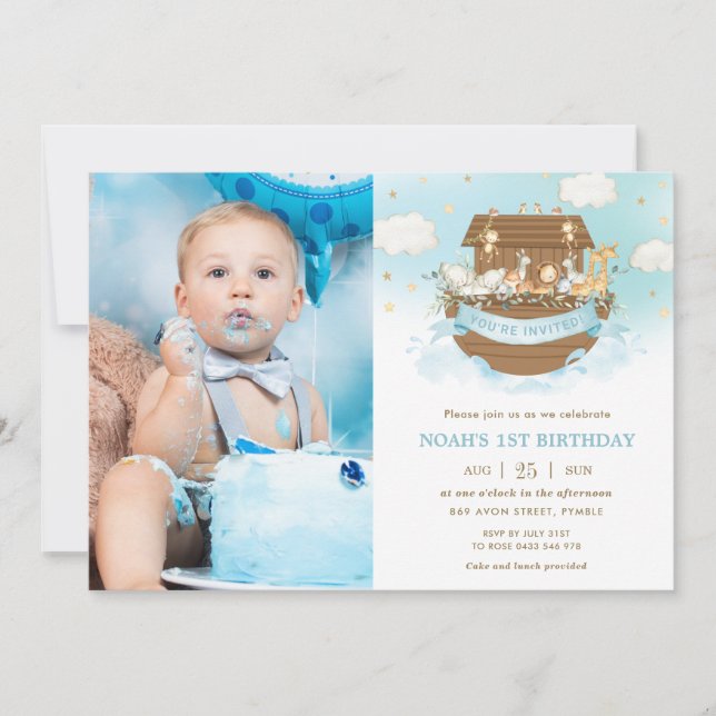 Chic Noahs Ark Cute Animals Boy Birthday Photo Inbjudningar (Framsida)