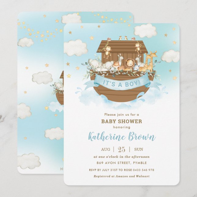 Chic Noahs Ark Cute Animals Boy Shower Invi Inbjudningar (Fram/baksida)