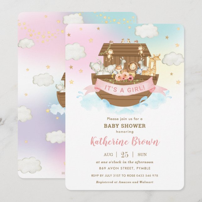Chic Noahs Ark Cute Animals Girl Baby Shower Inbjudningar (Fram/baksida)